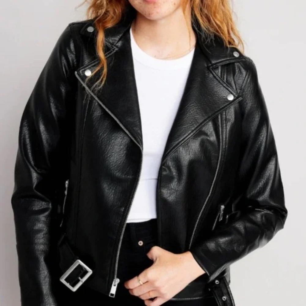 Faux Leather Moto Jacket – Size Medium (oversized fit)